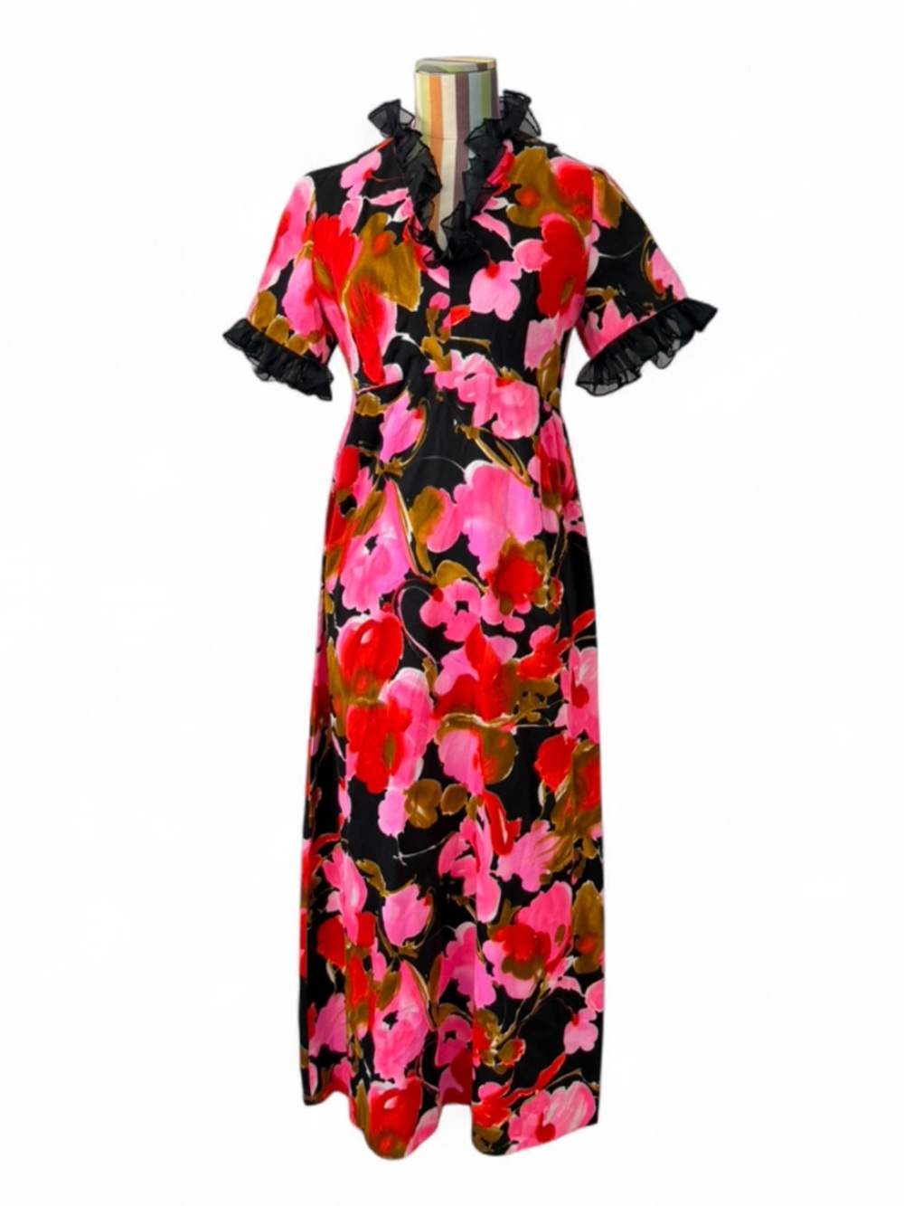 Vintage 60s 70s DayGlo Pink Floral Ruffle Hem Maxi Dress